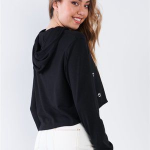 Black Long Sleeve Metallic Lip Detail Pullover Crop Hoodie